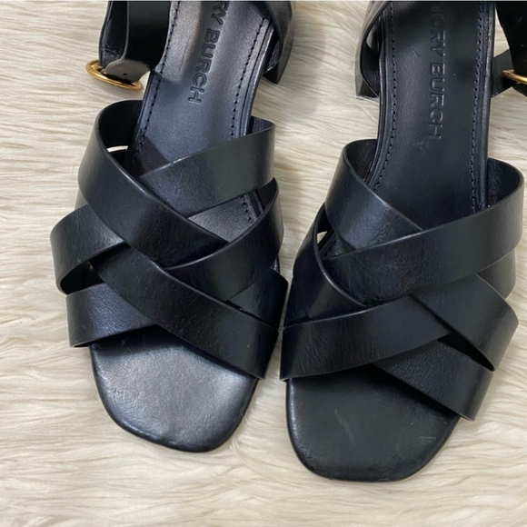 Tory Burch Black Leather Criss Cross Strap Heeled Sandals - Picture 8 of 9